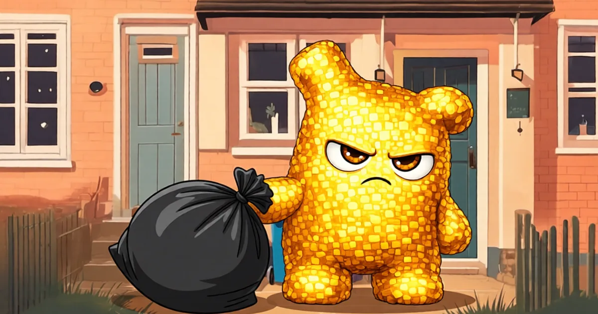 A thoroughly unimpressed Hani dragging a bin bag out to the wheelie bins at dusk